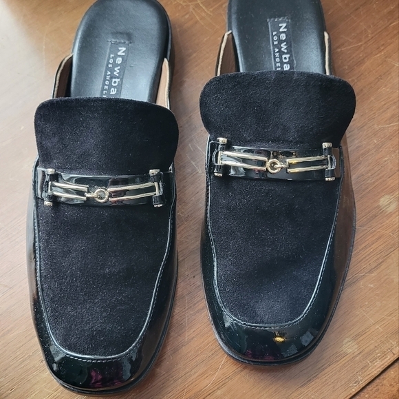 Newbark Melanie Mules Black Patent Leather Suede Loafers Slip Ons - Picture 4 of 14